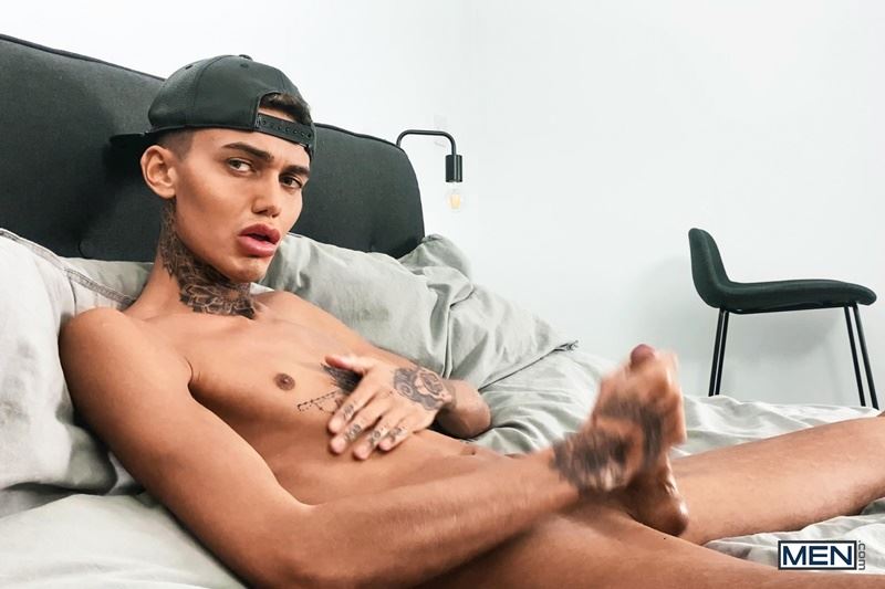 Men sexy twink Logan strips off showing slim tattooed body jerking big young uncut cock 002 gay porn pics - Men sexy twink Logan strips off showing his slim tattooed body jerking his big young uncut cock