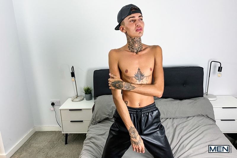 Men sexy twink Logan strips off showing slim tattooed body jerking big young uncut cock 003 gay porn pics - Men sexy twink Logan strips off showing his slim tattooed body jerking his big young uncut cock