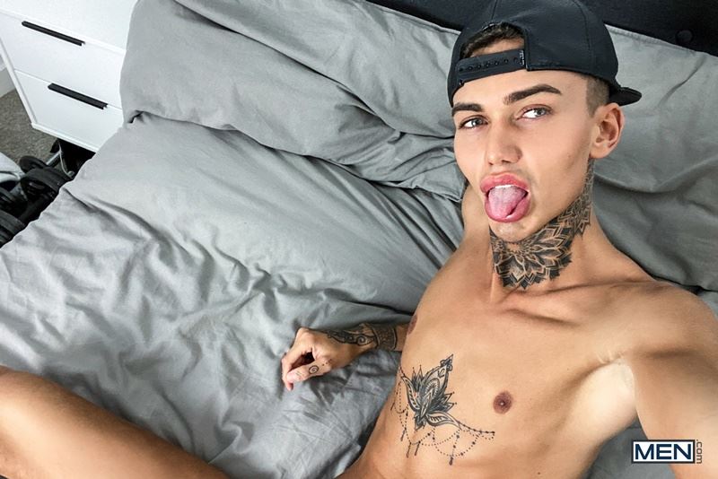 Men sexy twink Logan strips off showing slim tattooed body jerking big young uncut cock 017 gay porn pics - Men sexy twink Logan strips off showing his slim tattooed body jerking his big young uncut cock