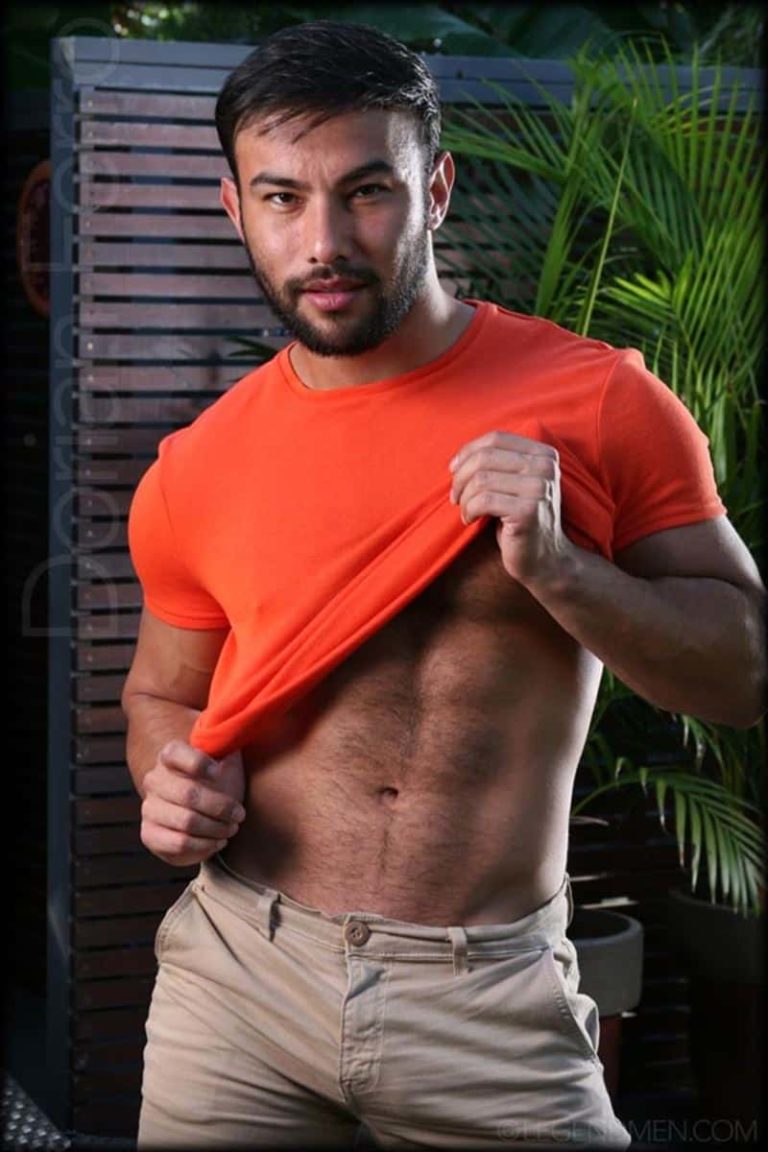 Sexy-hairy-muscle-Latin-stud-Dorian-Ferro-strips-naked-tight-t-shirt-jerking-huge-uncut-cock-001-gay-porn-pics