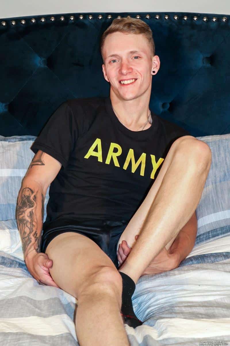 Horny young stud Active Duty Ryker Ryland strips off shiny shorts stroking huge long cock 2 image gay porn - Horny young stud Active Duty Ryker Ryland strips off his shiny shorts stroking his huge long cock